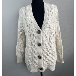 Aerie Cardigan Sweater Womens XS Beige Cable Knit Fisherman Chunky Cottagecore